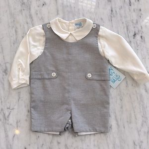 New Luli and Me Boys Grey John John Overall Set Holiday Party Wedding Pictures